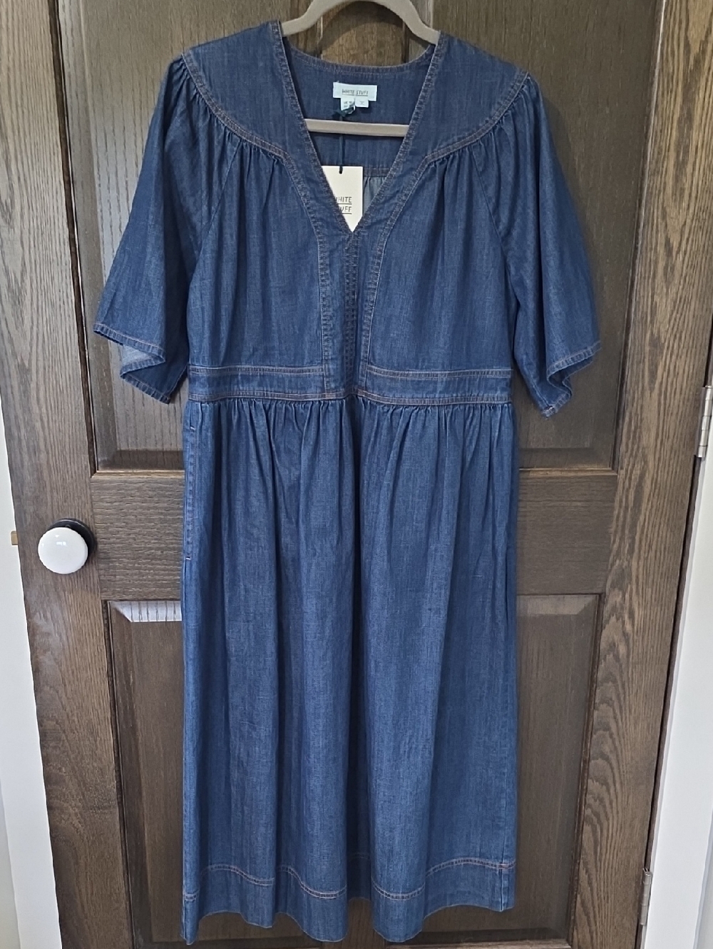 Denim V-Neck Midi Dress - Blue